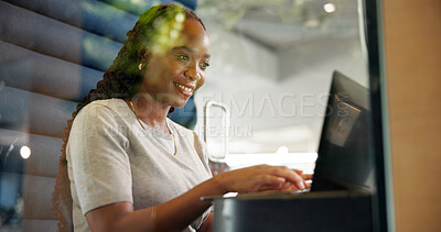 Buy stock photo Laptop, typing and business woman in booth for privacy, concentration and journalist research story. Happy African employee, computer and office pod for news review, creative report and hybrid work