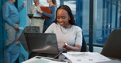 Buy stock photo Office, laptop and woman with documents, smile and accountant for financial report and graphs. Audit, employee and business review with paperwork for investment, revenue and project management