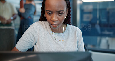 Buy stock photo Creative, reading and business woman with computer in office for problem solving or copywriting. Technology, startup and serious worker with project for content writing, review article and coworking