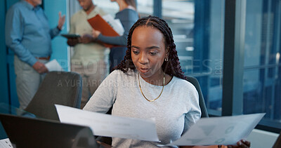 Buy stock photo Office, laptop and woman with paperwork, planning and accountant for financial report and graphs. Audit, employee and business review with documents for investment, revenue and project management