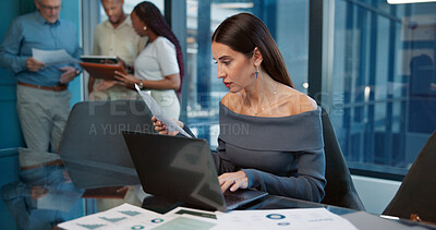 Buy stock photo Office, laptop and woman with documents, planning and accountant for financial report and graphs. Audit, employee and business review with paperwork for investment, revenue and project management