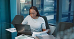 Office, laptop and black woman with paperwork, typing and accountant for financial report and graphs. Audit, employee and African person with documents for investment, revenue and project management