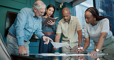 Buy stock photo Documents, brainstorming or group of business people for strategy, teamwork and investment. Report, collaboration or financial analysts in meeting for economic analytics, paperwork or audit review