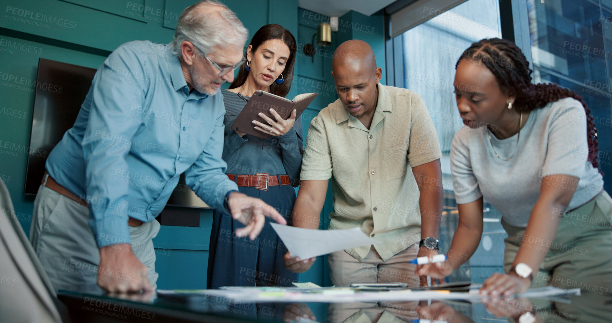 Buy stock photo Documents, brainstorming or group of business people for strategy, teamwork and investment. Report, collaboration or financial analysts in meeting for economic analytics, paperwork or audit review