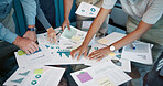 Documents, graphs or hands of business people for strategy, teamwork and investment. Report, collaboration or financial analysts in meeting for economic analytics, data paperwork and charts review
