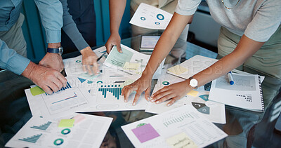Buy stock photo Documents, graphs or hands of business people for strategy, teamwork and investment. Report, collaboration or financial analysts in meeting for economic analytics, data paperwork and charts review