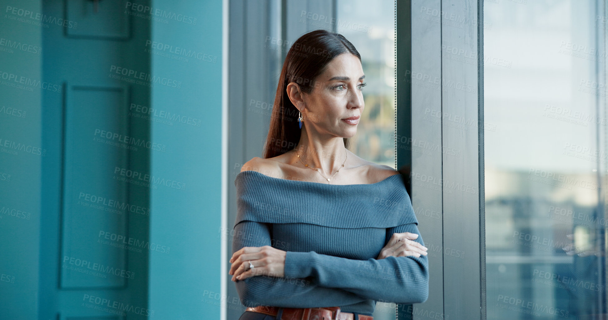 Buy stock photo Window, arms crossed and thinking with business woman in office for trader, pride and vision. Investment banker, reflection and wealth management with person in finance firm for idea and future