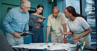 Buy stock photo Documents, graphs or business people brainstorming for strategy, teamwork or investment. Report, discussion or financial analysts in meeting for economic analytics, data paperwork or charts review