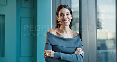 Buy stock photo Portrait, arms crossed and smile with business woman in office for trader, pride or stock broker. Investment banker, financial advisor and wealth management with person in finance firm for confidence