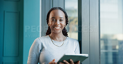 Buy stock photo Portrait, business and happy black woman with tablet for article research in office. Smile, technology and confident African worker, professional or news reporter working on creative story in Nigeria