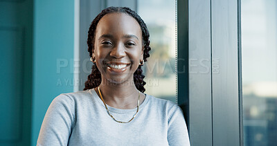 Buy stock photo Portrait, creative and happy black woman in office for business, ambition or pride with journalist. Smile, startup or confident African worker, professional or news reporter with opportunity in Kenya