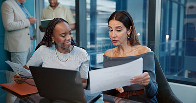 Buy stock photo Office, laptop and women with paperwork, teamwork and accountant for financial report and graphs. Audit, employee and collaboration with documents for investment, revenue and project management