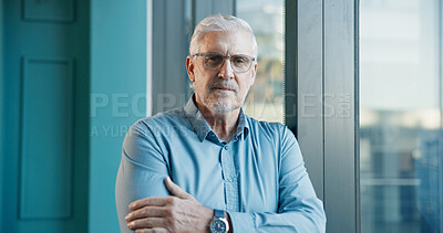 Buy stock photo Portrait, arms crossed and glasses with business man in office for trader, pride and stock broker. Investment banker, financial advisor and wealth management with mature person in finance firm