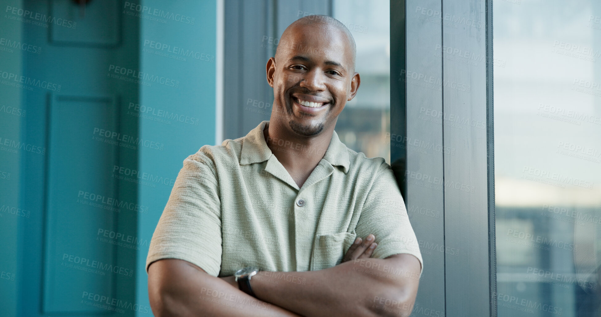 Buy stock photo Portrait, creative and black man with arms crossed for business, ambition or pride with journalist. Smile, startup and confident African worker, professional and news reporter in office in Kenya