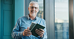 Portrait, tablet and glasses with business man in office for online trader, research and stock broker. Investment banker, digital report and wealth management with mature person in finance firm