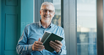 Buy stock photo Portrait, tablet and glasses with business man in office for online trader, research and stock broker. Investment banker, digital report and wealth management with mature person in finance firm