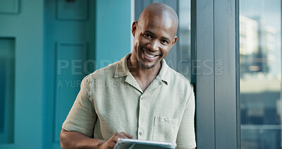 Buy stock photo Portrait, business and happy black man with tablet in office for event planning or coordination. Smile, startup and African professional with technology for venue research or creative work at window
