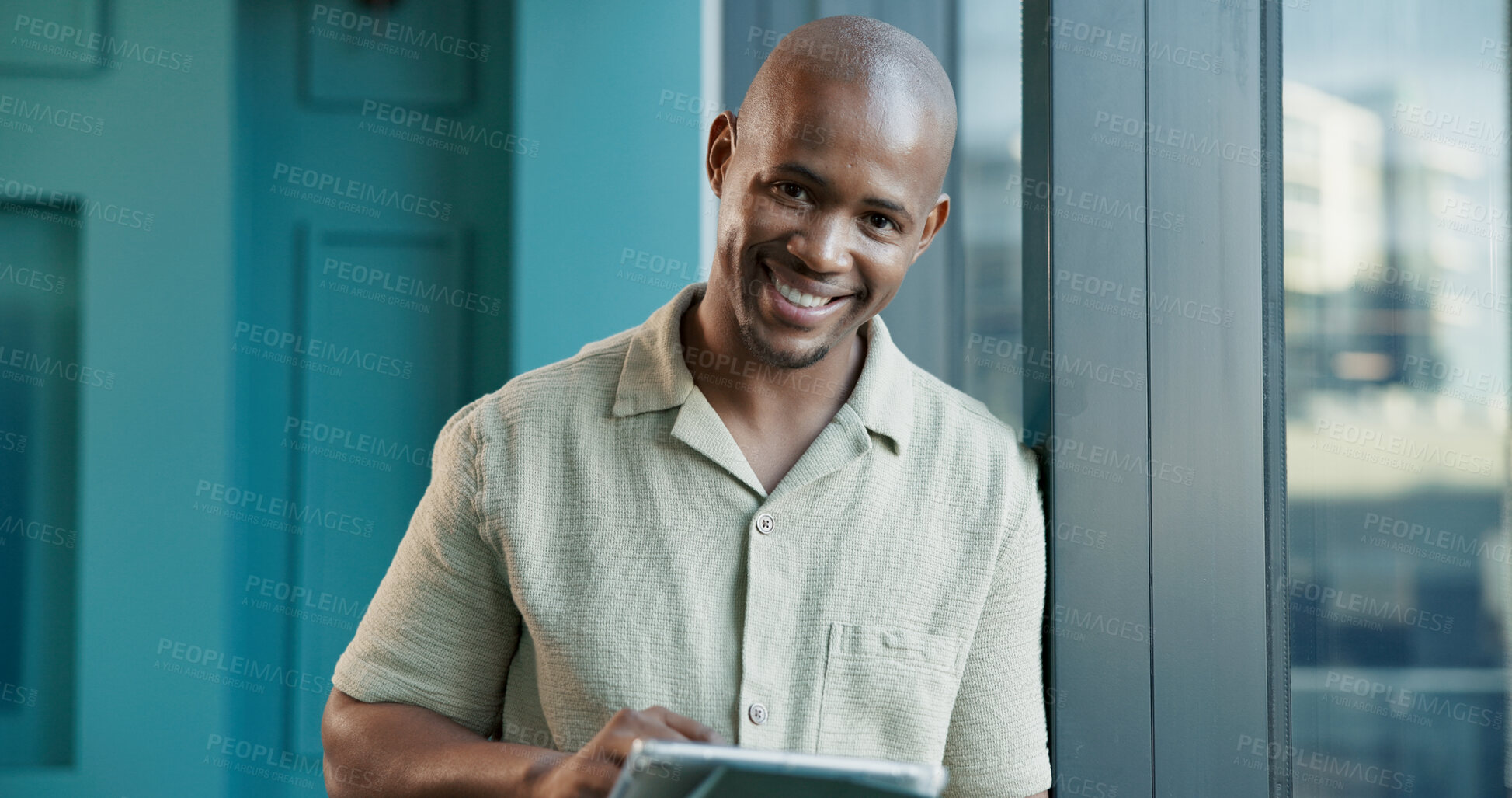 Buy stock photo Portrait, business and happy black man with tablet in office for event planning or coordination. Smile, startup and African professional with technology for venue research or creative work at window
