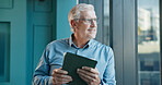 Thinking, tablet and window with business man in office for online trader, vision and stock broker. Investment banker, digital report and wealth management with mature person in firm for future