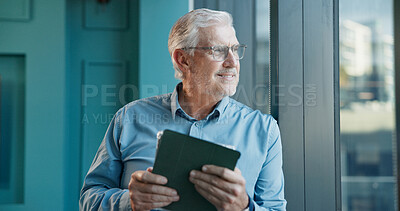 Buy stock photo Thinking, tablet and window with business man in office for online trader, vision and stock broker. Investment banker, digital report and wealth management with mature person in firm for future