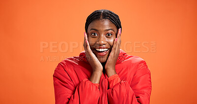 Buy stock photo Shock, surprise and portrait of black woman in studio for sale news, announcement and information. Mockup, space and face of person with facial expression, emoji reaction and wow on orange background