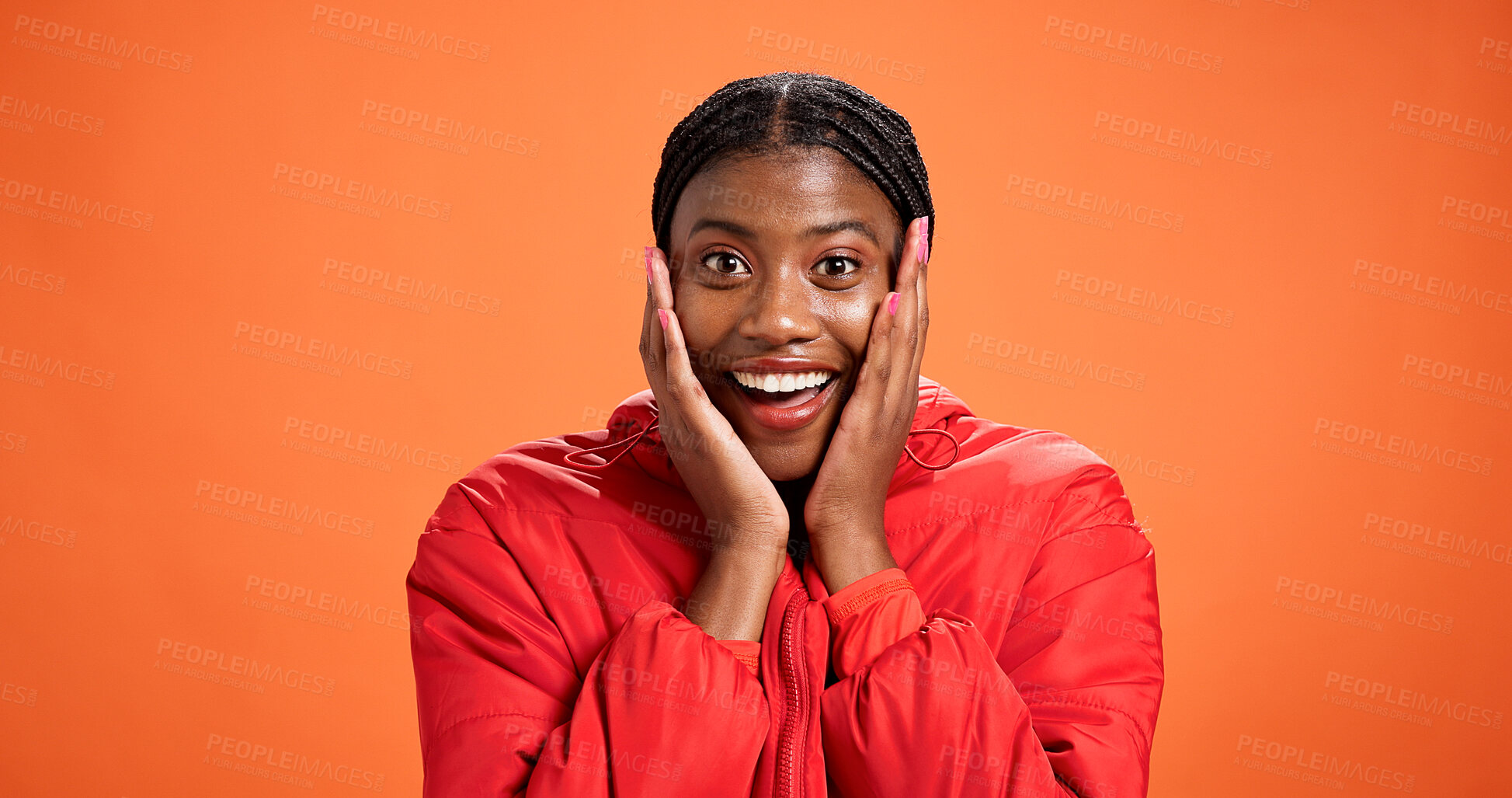 Buy stock photo Shock, surprise and portrait of black woman in studio for sale news, announcement and information. Mockup, space and face of person with facial expression, emoji reaction and wow on orange background