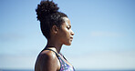 Black woman, fitness and thinking at beach, sky or breathing with mockup space on break. African runner, girl and reflection with profile for workout, training or ocean for perspective in Nigeria