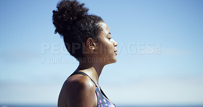 Buy stock photo Woman, peace and thinking in nature for fitness, meditation and fresh air for wellness. African athlete, profile and calm at sky space for breathing exercise, cardio health and outdoor for reflection