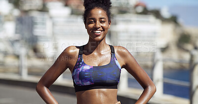 Buy stock photo Portrait, athlete and woman on break, outdoor and smile for training routine on street and wellness. Rest, runner and black person with sportswear for exercise, happy or practice for marathon in city