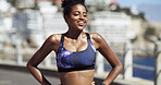 Happy, athlete and woman on break, outdoor or smile for training routine in city, fitness or health. Rest, runner and black person with sportswear for exercise, wellness and practice for marathon