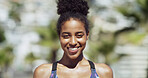 Portrait, athlete and woman on break, wellness and smile for training routine on street and outdoor. Rest, runner and black person with sportswear for exercise, happy or practice for marathon in city