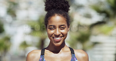 Buy stock photo Portrait, athlete and woman on break, wellness and smile for training routine on street and outdoor. Rest, runner and black person with sportswear for exercise, happy or practice for marathon in city