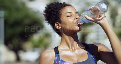 Buy stock photo Outdoor, fitness and woman on break, drinking water and hydration with liquid, runner and digestion. Thirsty, athlete and black person with fluid for temperature regulation, healthy and wellness