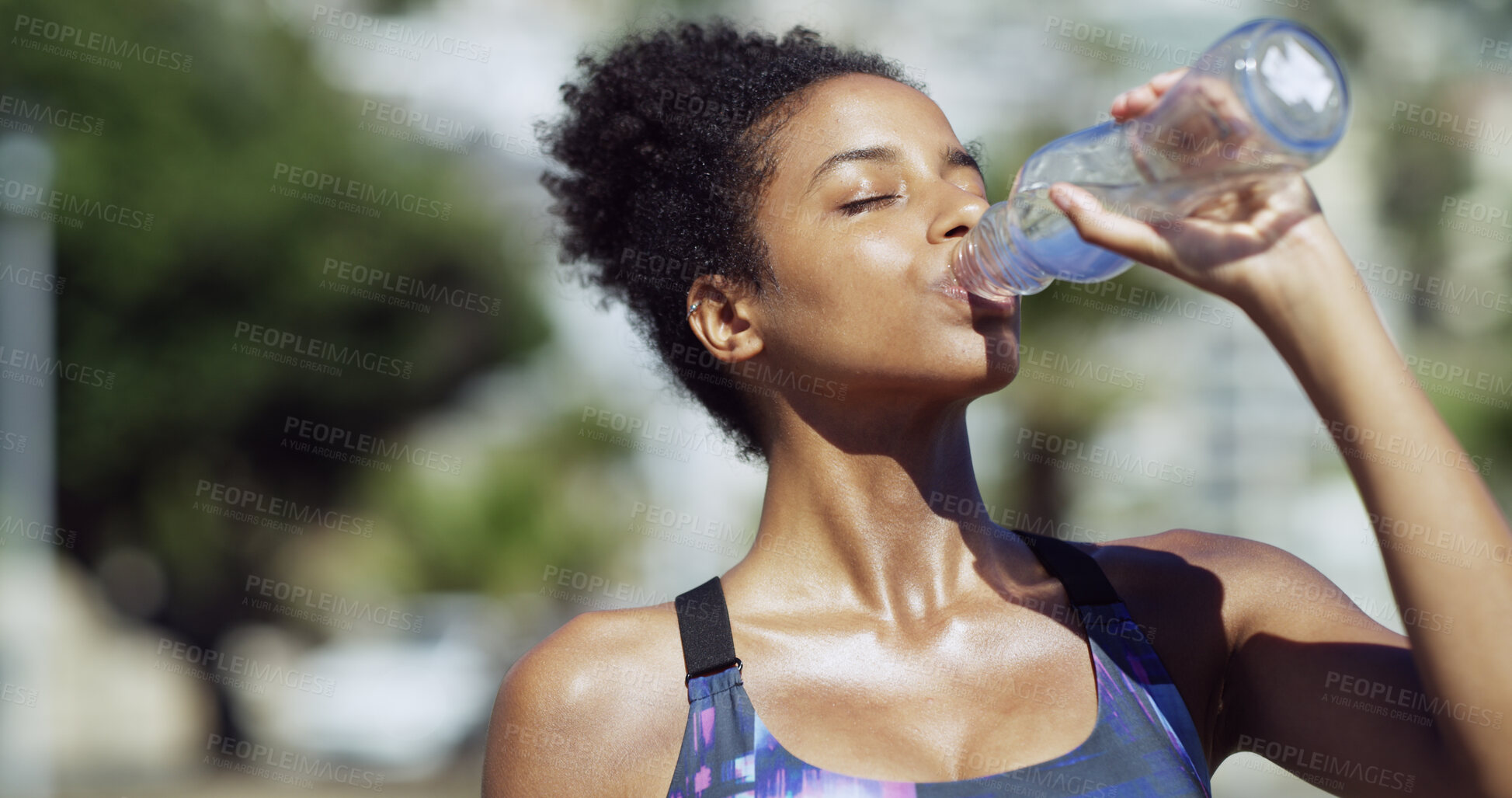 Buy stock photo Outdoor, fitness and woman on break, drinking water and hydration with liquid, runner and digestion. Thirsty, athlete and black person with fluid for temperature regulation, healthy and wellness