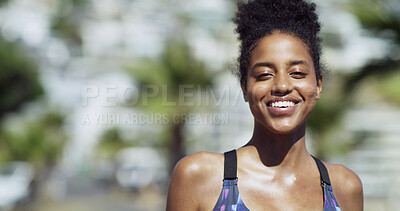 Buy stock photo Portrait, athlete and woman on break, city and training routine for wellness on street and exercise. Rest, runner and African person with sportswear for workout, space and practice for marathon