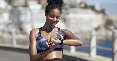 Buy stock photo Fitness, check smart watch and woman in city for heart rate, training progress or results. Wristwatch, exercise and happy African person outdoor for health stats, timer and info for cardio wellness