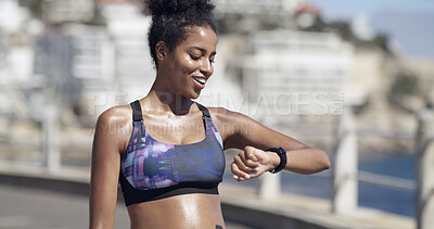 Buy stock photo Fitness, check smart watch and woman outdoor for heart rate, training progress or results. Wristwatch, exercise and happy African person in city for health stats, timer and info for cardio wellness