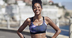 Portrait, black woman or happy with fitness on promenade for workout, exercise or physical activity. Active, female person or runner with smile or confidence for sweat, health or outdoor wellness