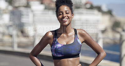 Buy stock photo Portrait, black woman or happy with fitness on promenade for workout, exercise or physical activity. Active, female person or runner with smile or confidence for sweat, health or outdoor wellness