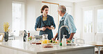 People, tablet and meal prep with cooking, recipe tutorial or online guide in home. Man, mature parent and helping in kitchen with lunch ingredients, diet salad and internet steps for web blog