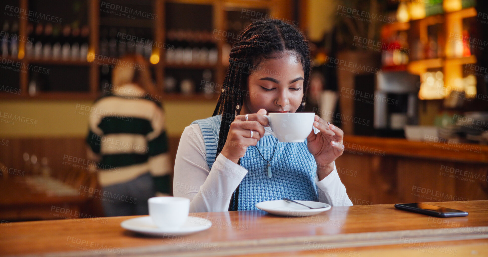 Buy stock photo Woman, freelancer or drinking with coffee in cafe for morning beverage, smell or scent. Female person, remote worker or aroma with warm cup or mug in restaurant for caffeine, fragrance or hospitality