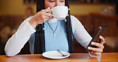 Buy stock photo Phone, drinking coffee and woman in cafe for relax, social media or reading morning news. Mobile, beverage and customer in restaurant for internet browsing, online menu or check notification for text