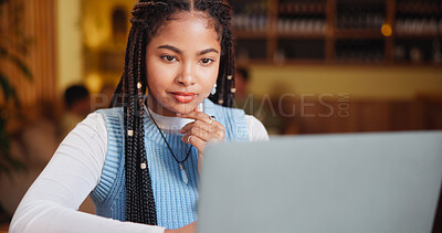 Buy stock photo Thinking, student and woman on laptop in coffee shop for online research, studying and learning. University, college and person on computer with ideas for project, assignment and education in cafe