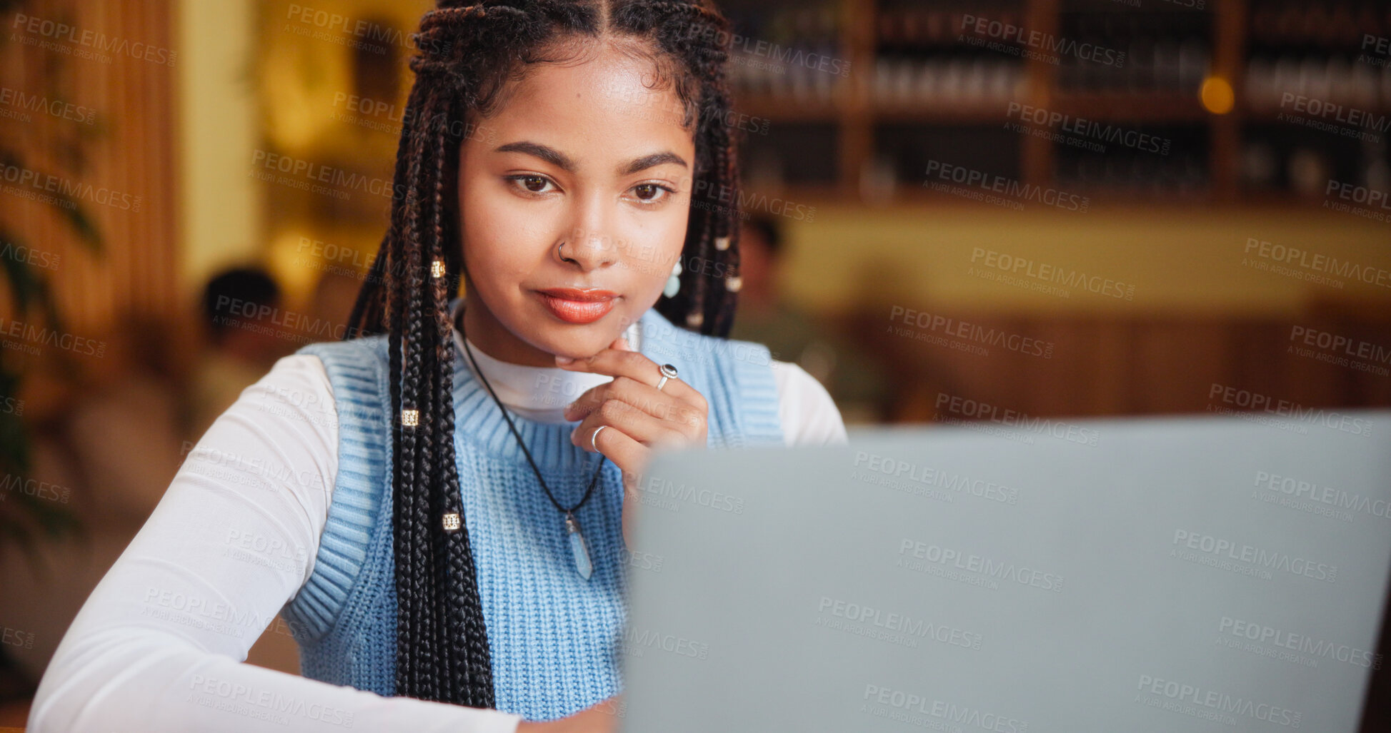 Buy stock photo Thinking, student and woman on laptop in coffee shop for online research, studying and learning. University, college and person on computer with ideas for project, assignment and education in cafe