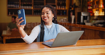 Buy stock photo Selfie, happy and student in coffee shop with smile for social media, online post and internet. Restaurant, photo and woman with laptop on break for distance learning, profile picture and update