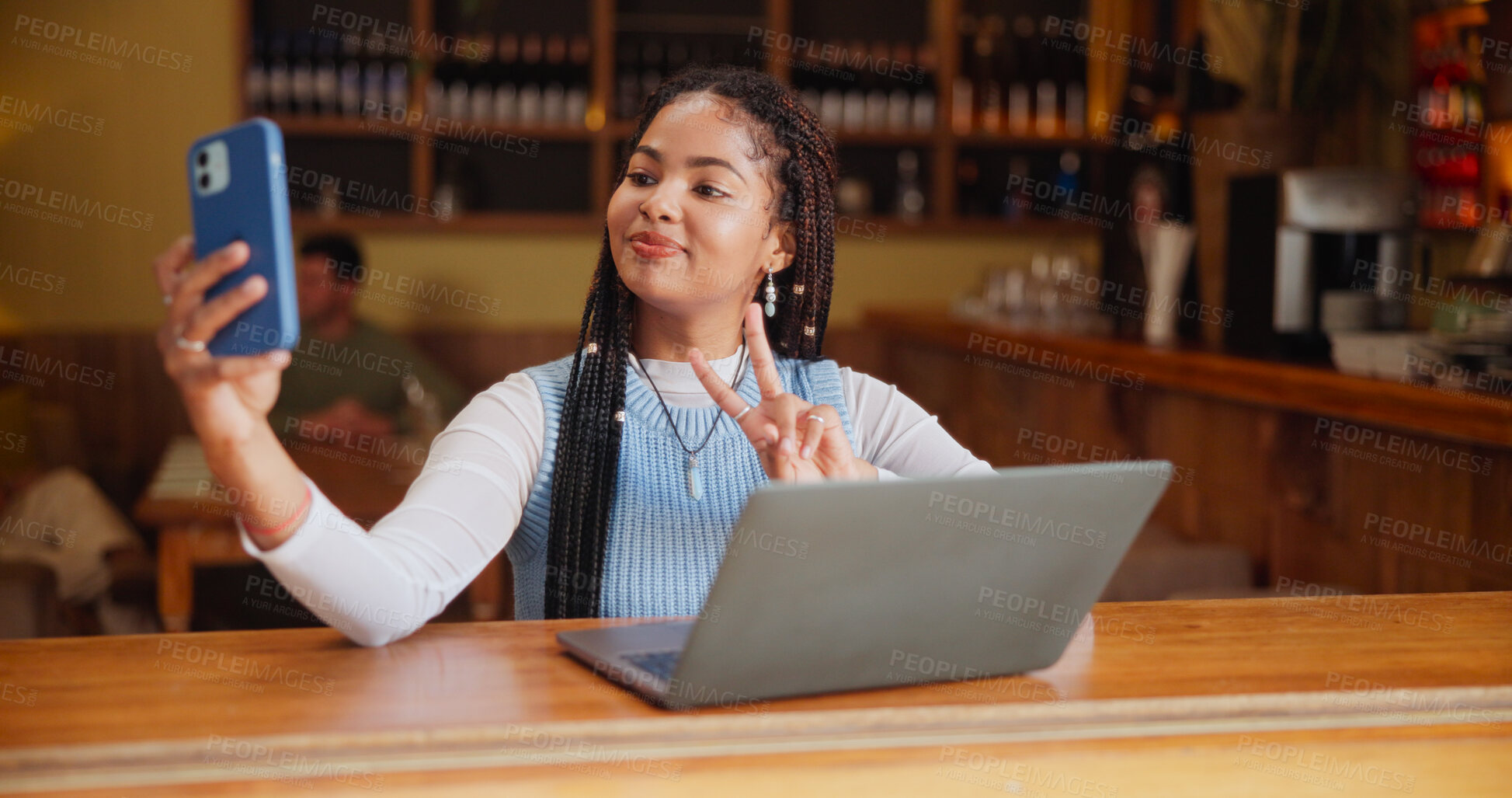 Buy stock photo Selfie, peace sign and student in coffee shop with smile for social media, online post and internet. Cafe, photo and woman with laptop on break for distance learning, profile picture and update