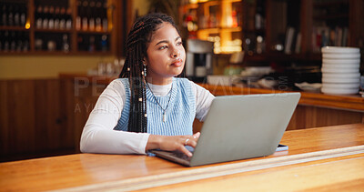 Buy stock photo Woman, thinking and laptop with idea in coffee shop for small business vision or startup. Female person, freelancer or contemplating with computer in restaurant for online service or network at cafe