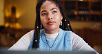 Thinking, student and African woman on laptop in coffee shop for online research, studying and learning. University, college and person with ideas for project, assignment and education in cafe