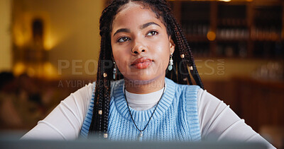 Buy stock photo Thinking, student and African woman on laptop in coffee shop for online research, studying and learning. University, college and person with ideas for project, assignment and education in cafe