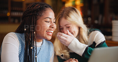 Buy stock photo Women, friends and laugh in coffee shop with laptop, joke or bonding together. Girls, technology and meme in cafe for catchup, communication and social gathering with latte for gossip discussion
